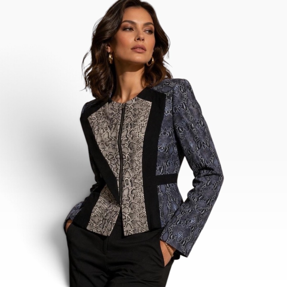 BCBGMAXAZRIA Snakeskin Patchwork Asymmetrical Zip Jacket XS Blue Black Y2K